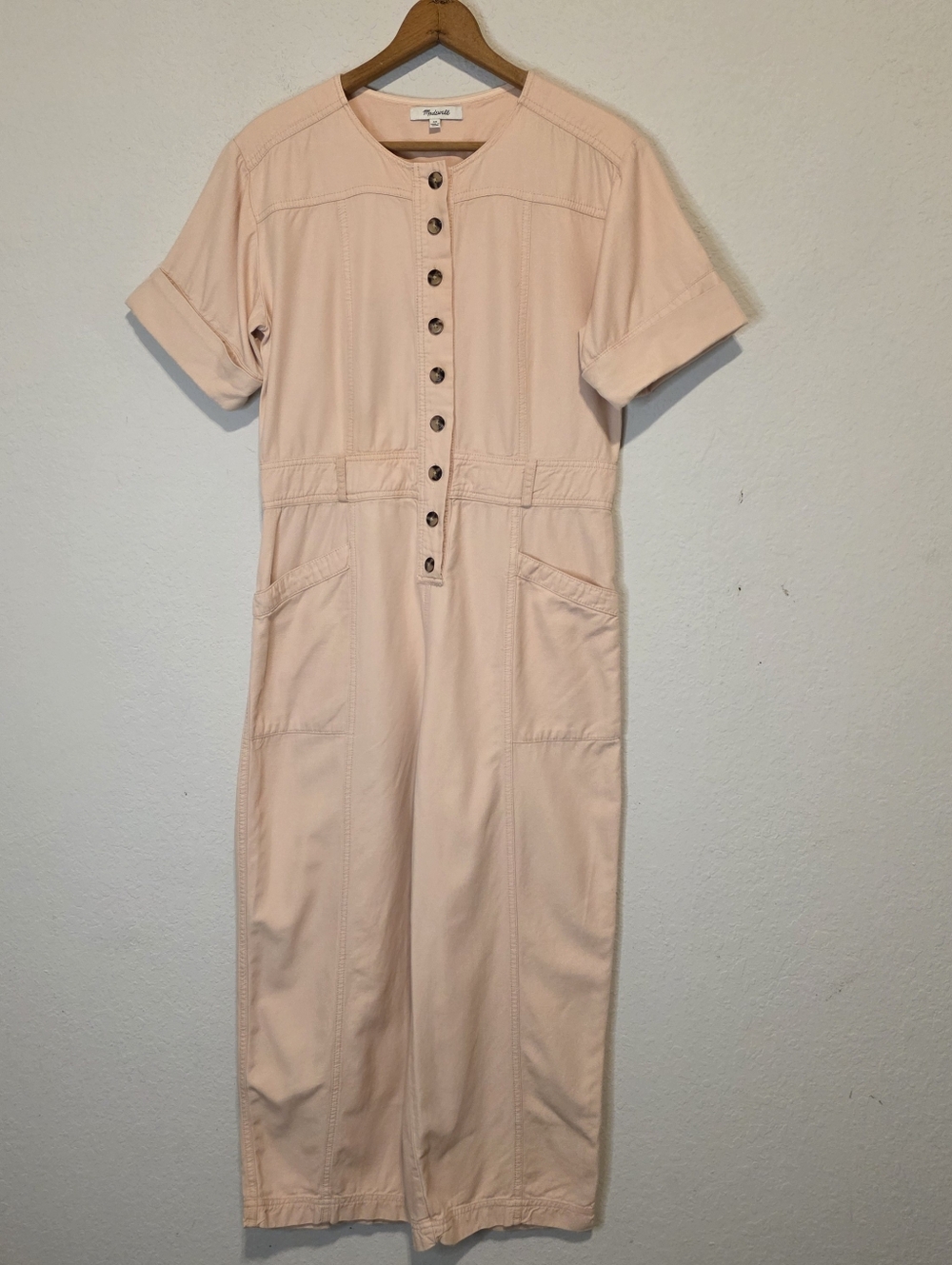 Madewell Pink Button Front Jumpsuit Short Sleeve Coverall Top Stitched Size 00